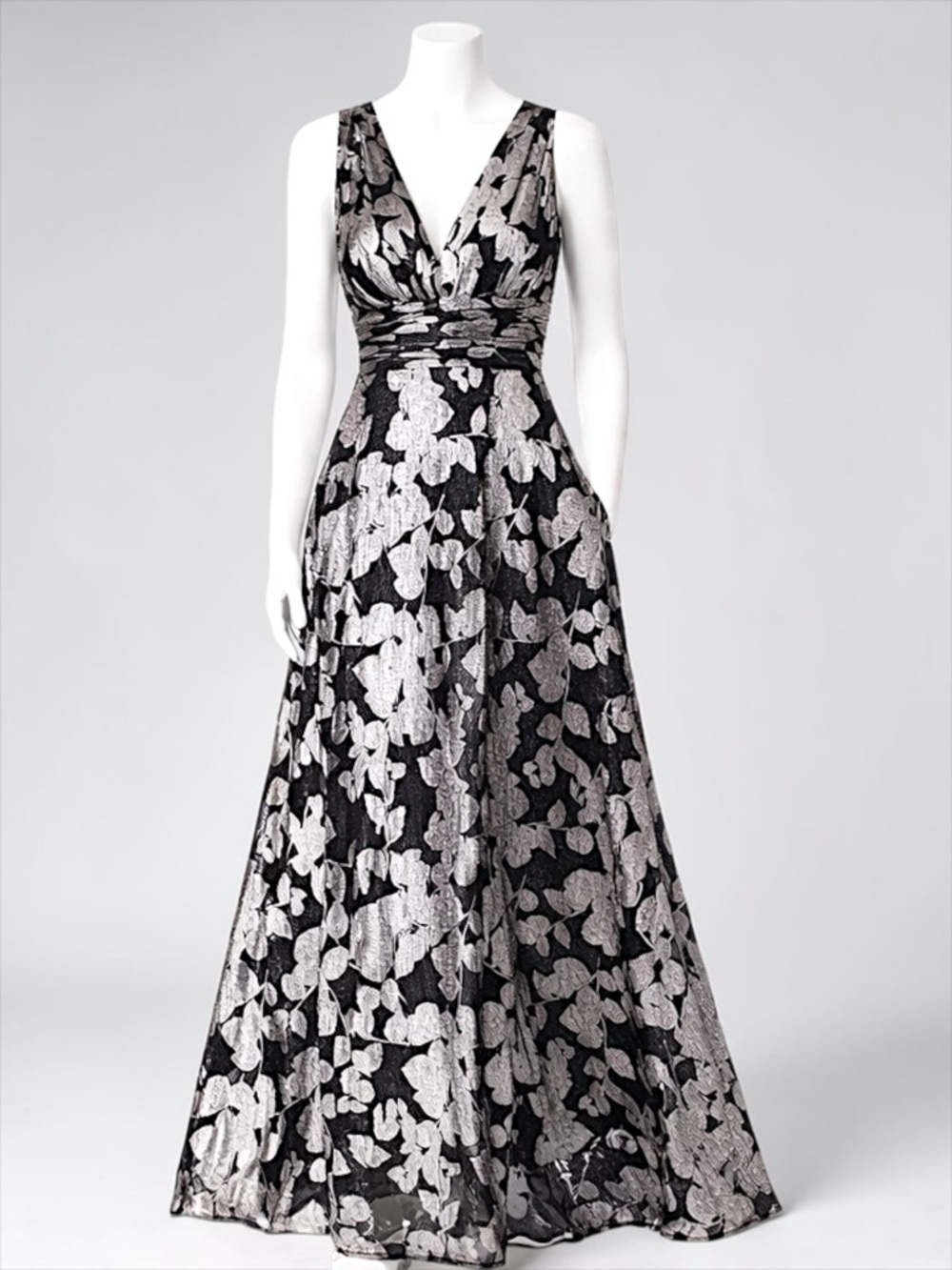 BA Nites Foil Crinkle V-Neck Evening Gown